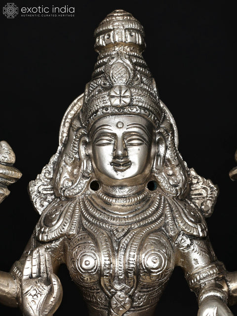 8" Four Armed Blessing Goddess Lakshmi | Silver Plated Brass Statue