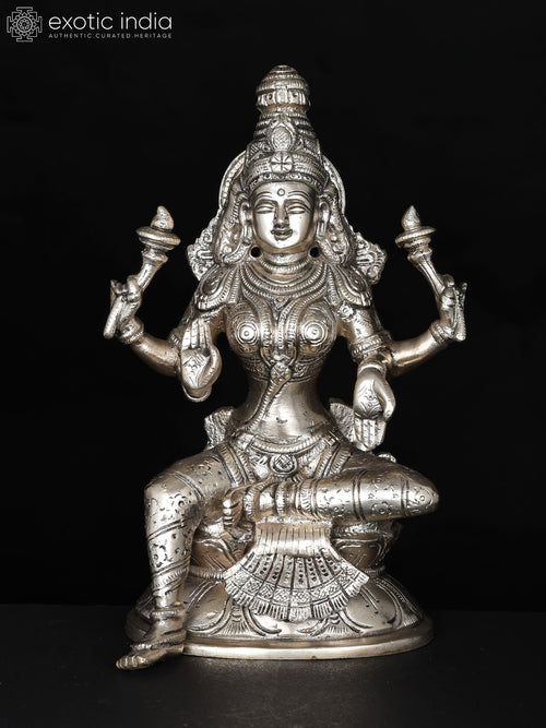 8" Four Armed Blessing Goddess Lakshmi Silver Plated Brass Statue