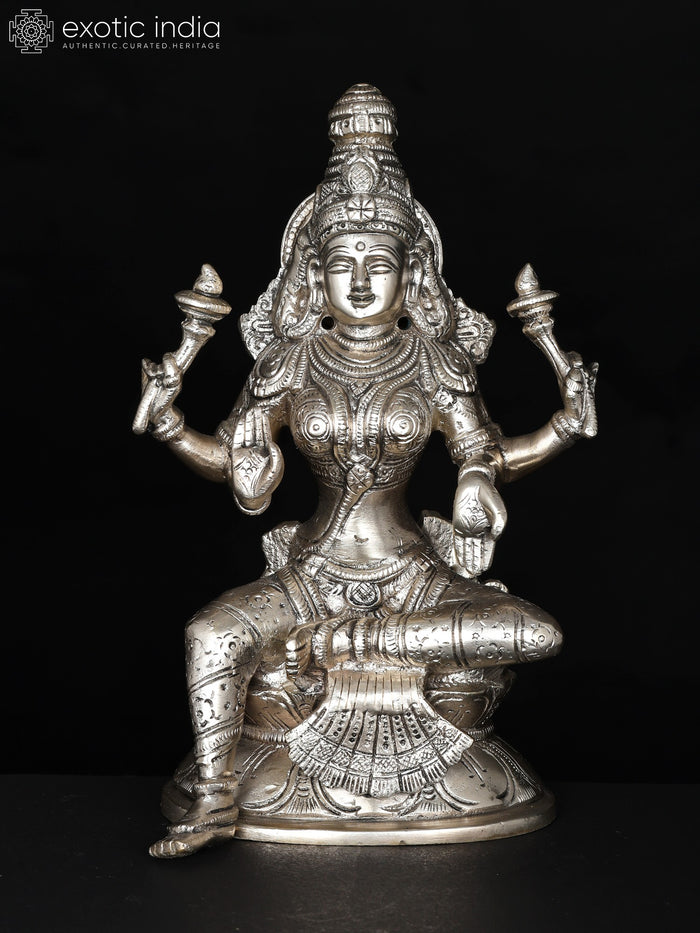 8" Four Armed Blessing Goddess Lakshmi | Silver Plated Brass Statue