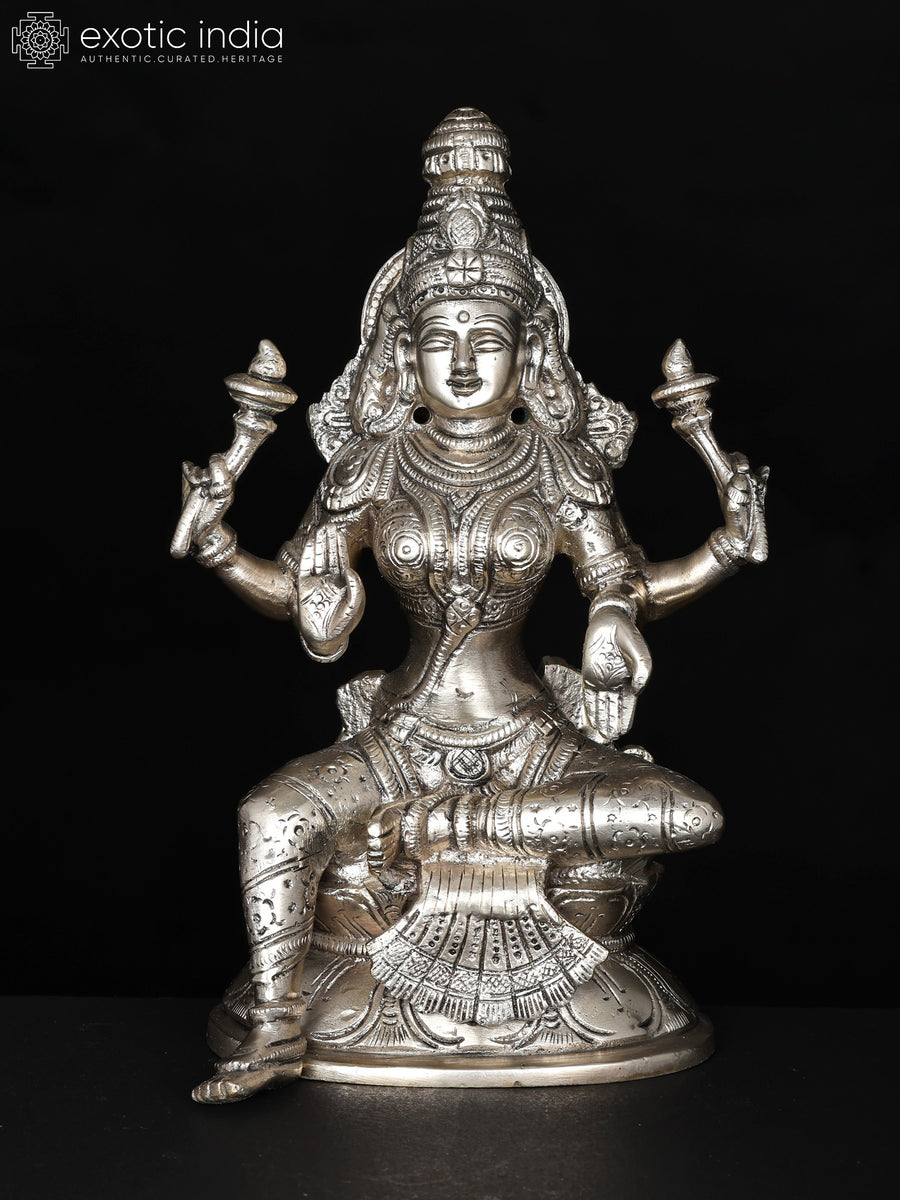 8" Four Armed Blessing Goddess Lakshmi Silver Plated Brass Statue