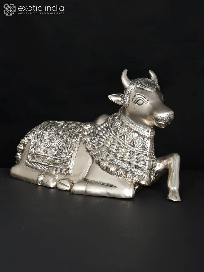 10" Nandi Vahana Brass Statue - Handmade Silver Plated