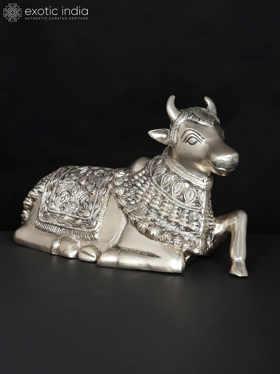 10" Nandi Vahana Brass Statue - Handmade Silver Plated