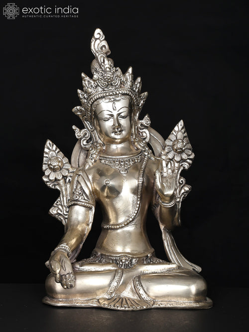 11" Goddess White Tara Silver Plated Brass Statue for Pooja