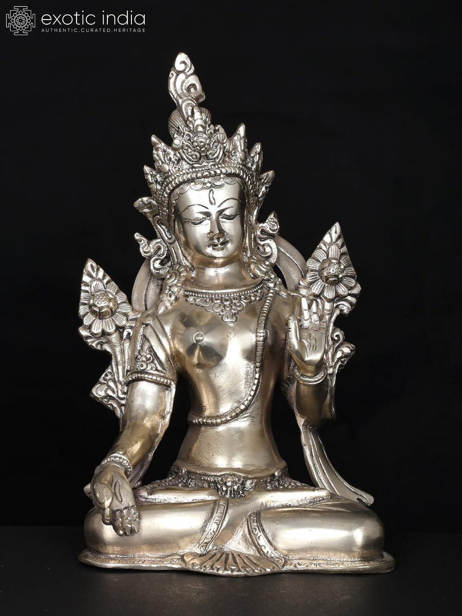 11" Goddess White Tara Silver Plated Brass Statue for Pooja