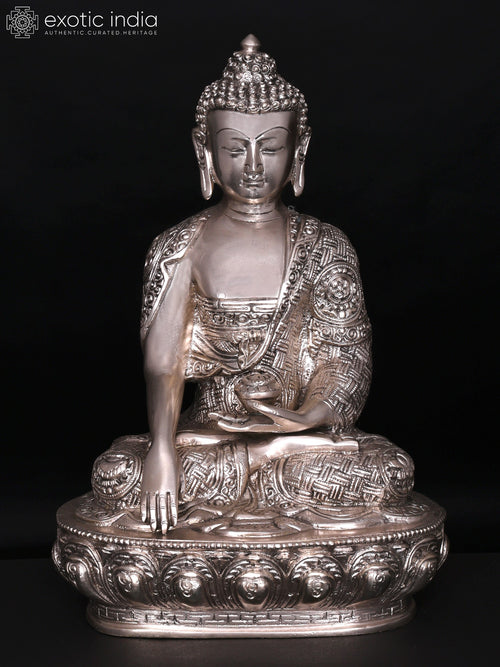 12" Bhumisparsha Buddha Silver Plated Brass Statue