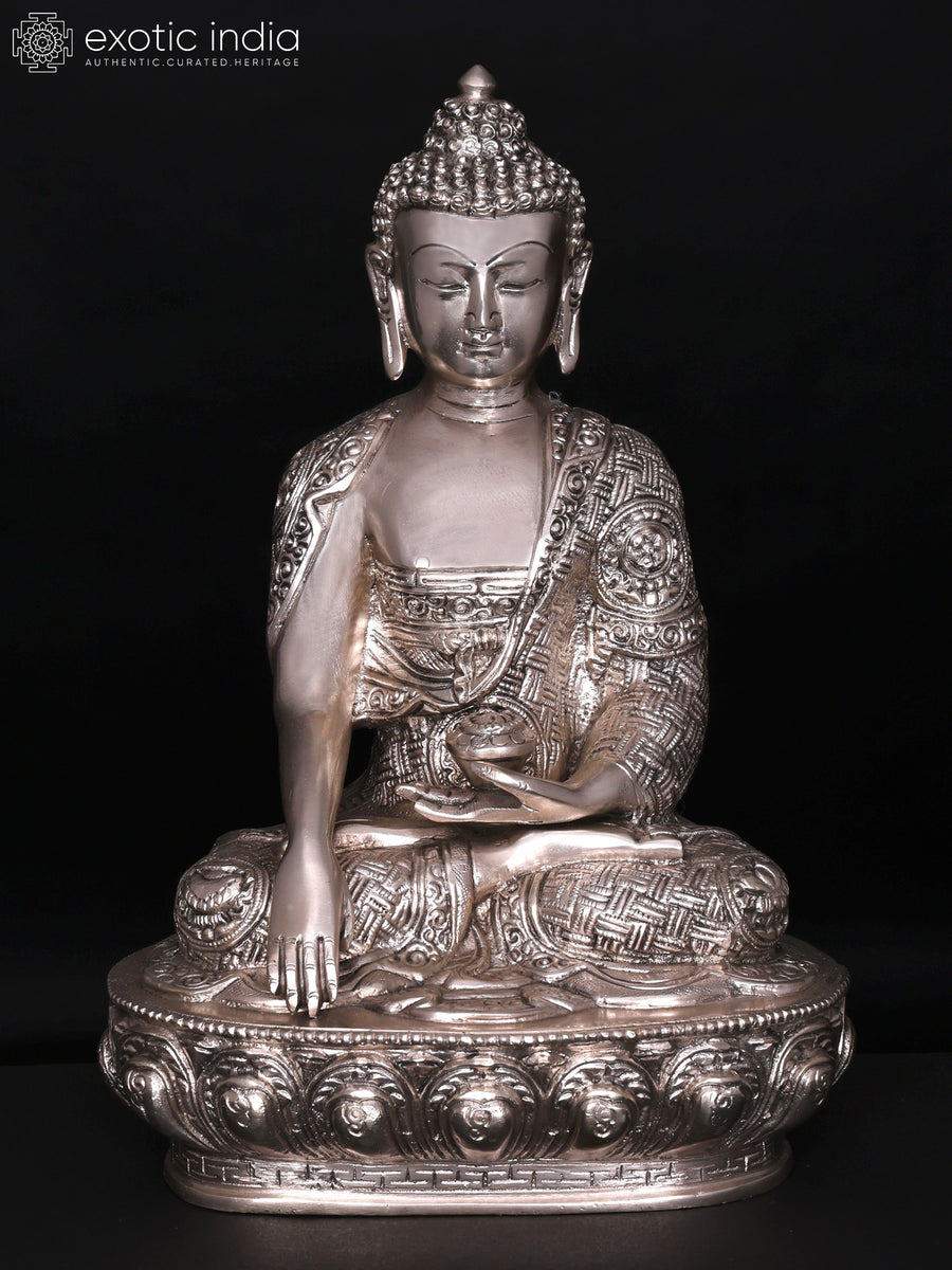 12" Bhumisparsha Buddha Silver Plated Brass Statue