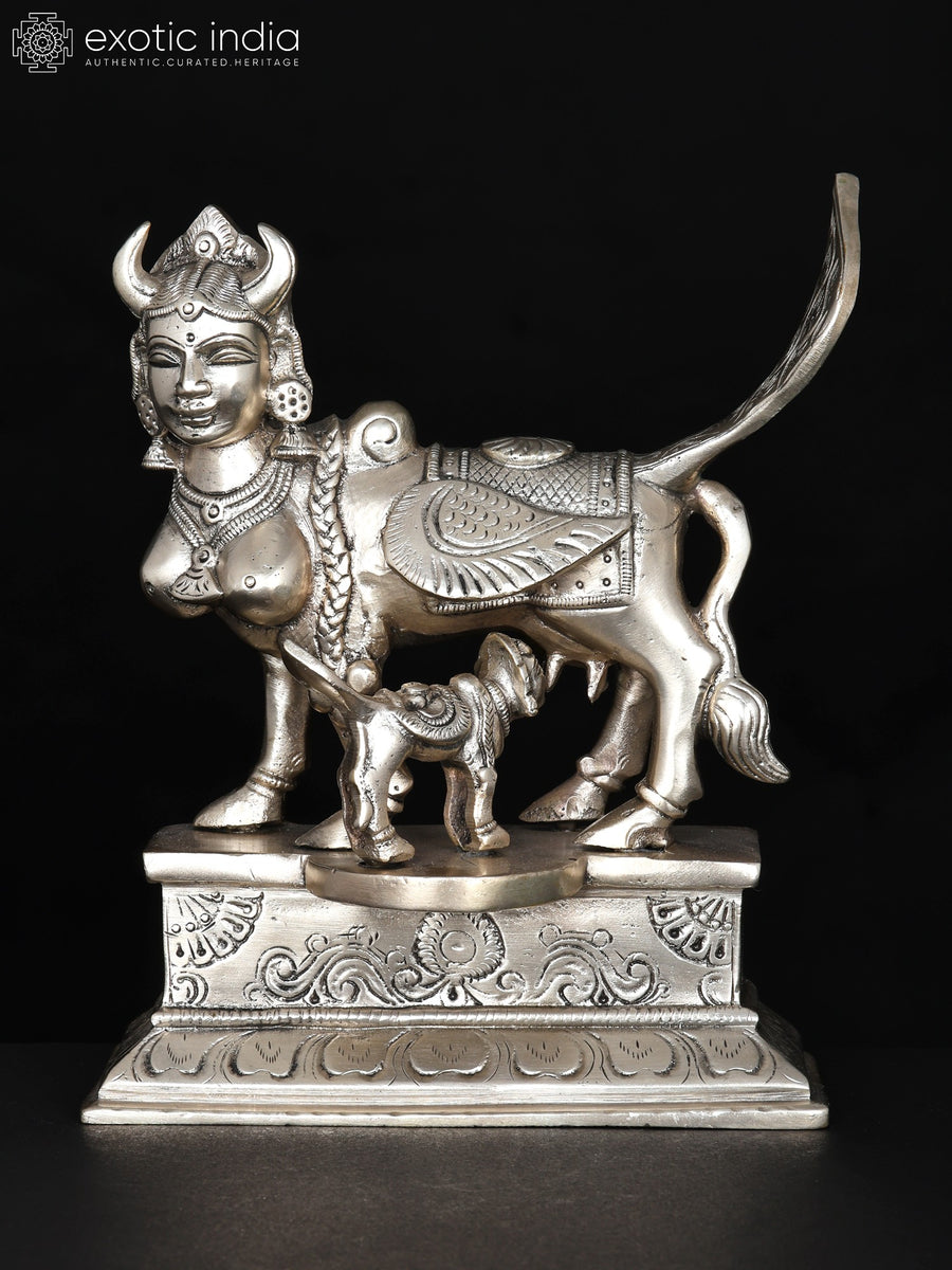 7" Goddess Kamadhenu Silver Plated Brass Statue