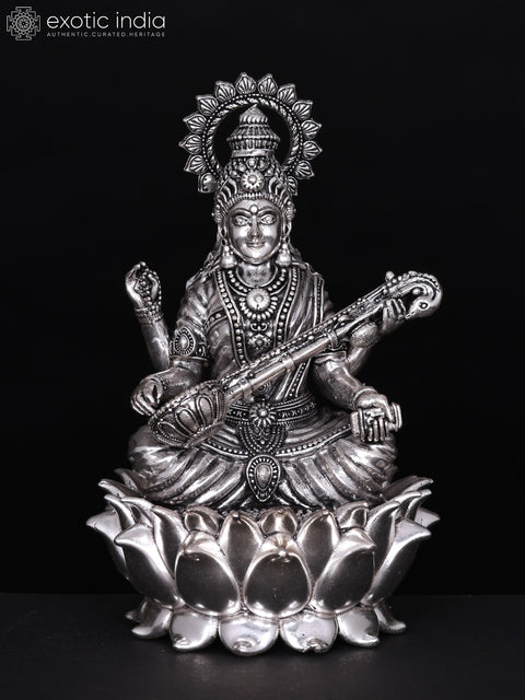 6" Small Superfine Devi Saraswati Seated on Lotus | Silver Plated Brass Statue