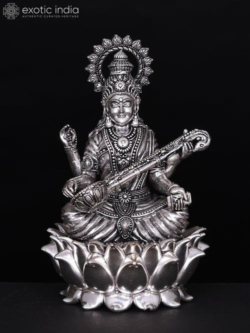 6" Silver Plated Brass Devi Saraswati Statue Seated on Lotus