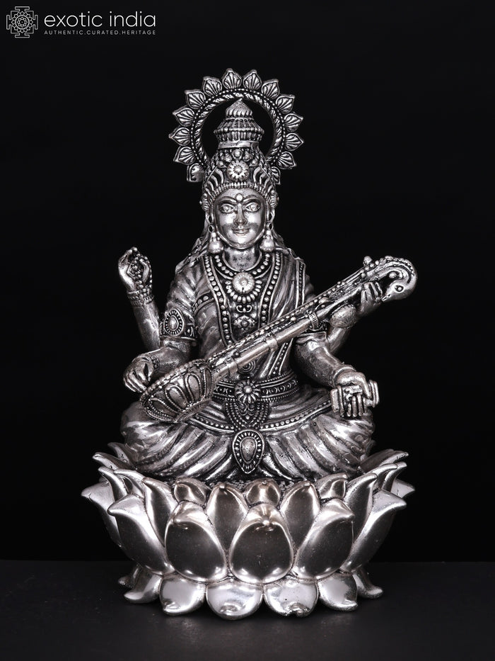 6" Silver Plated Brass Devi Saraswati Statue Seated on Lotus