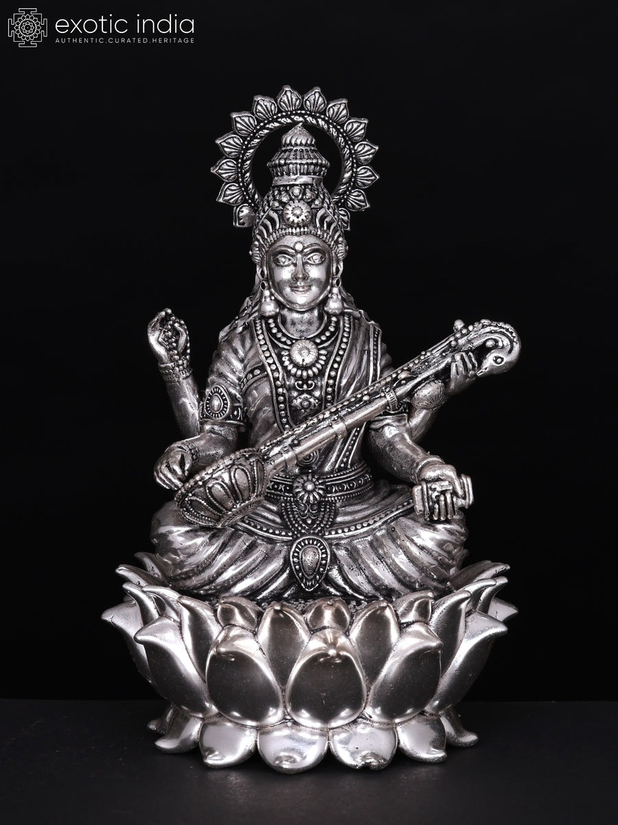 6" Silver Plated Brass Devi Saraswati Statue Seated on Lotus