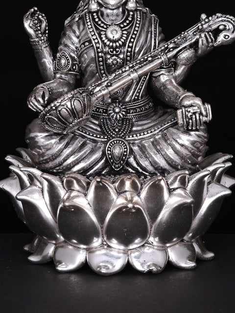 6" Small Superfine Devi Saraswati Seated on Lotus | Silver Plated Brass Statue