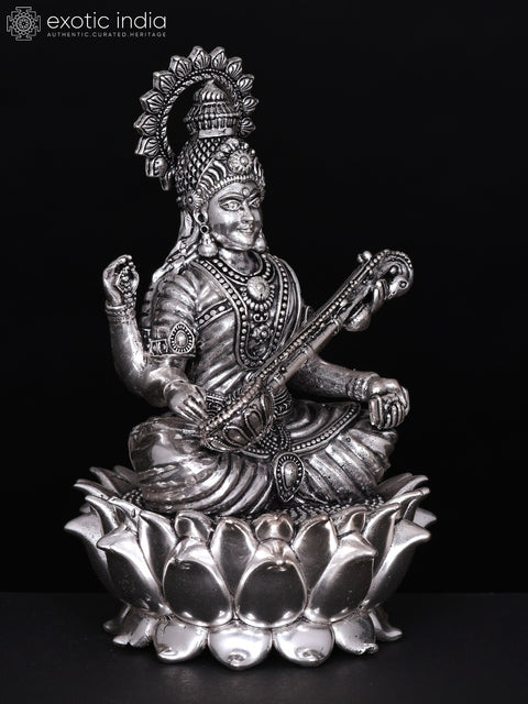 6" Small Superfine Devi Saraswati Seated on Lotus | Silver Plated Brass Statue