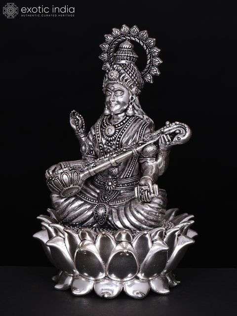 6" Small Superfine Devi Saraswati Seated on Lotus | Silver Plated Brass Statue