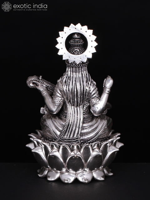 6" Small Superfine Devi Saraswati Seated on Lotus | Silver Plated Brass Statue