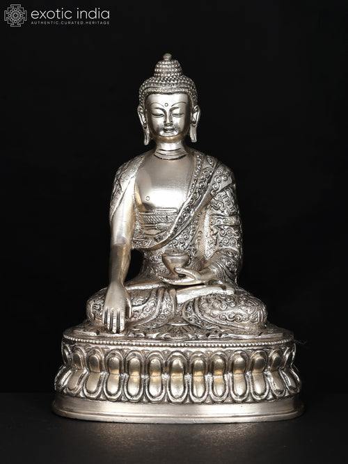 8" Lord Buddha Seated Earth-Touching Gesture Silver Plated Brass Statue