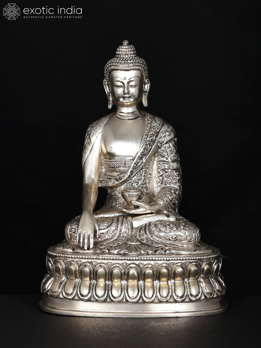 8" Lord Buddha Seated Earth-Touching Gesture Silver Plated Brass Statue