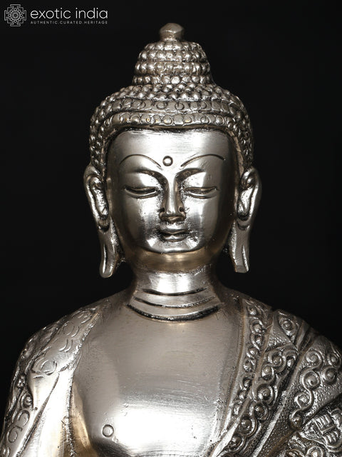 8" Lord Buddha Seated in Earth-Touching Gesture | Silver Plated Brass Statue