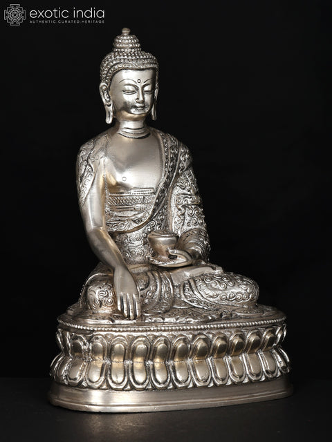 8" Lord Buddha Seated in Earth-Touching Gesture | Silver Plated Brass Statue