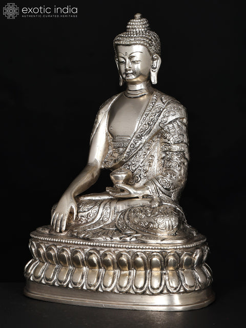 8" Lord Buddha Seated in Earth-Touching Gesture | Silver Plated Brass Statue