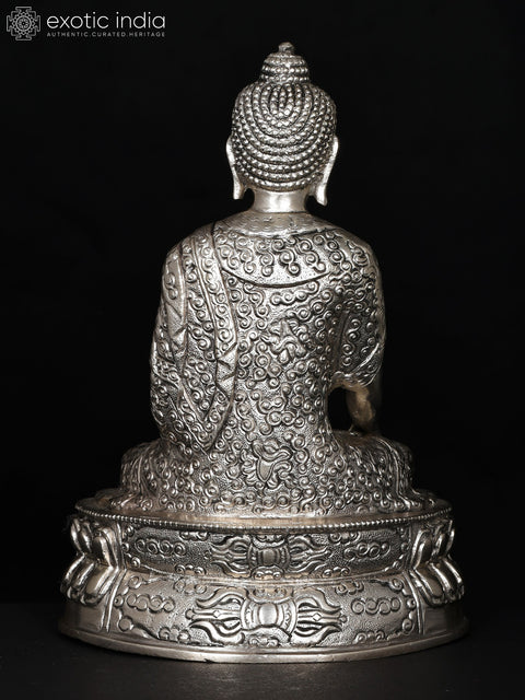 8" Lord Buddha Seated in Earth-Touching Gesture | Silver Plated Brass Statue
