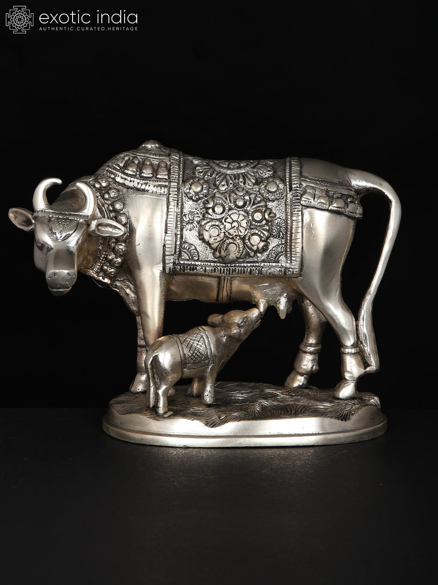 7" Cow and Calf Silver Plated Brass Statue