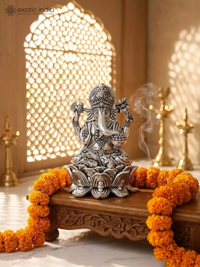 Small Superfine Blessing Lord Ganesha Seated on Lotus Silver Plated Brass Statue