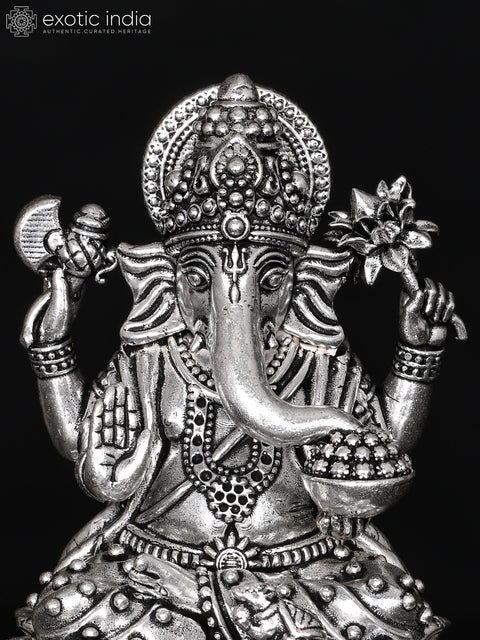 Small Superfine Blessing Lord Ganesha Seated on Lotus | Silver Plated Brass Statue | Multiple Sizes