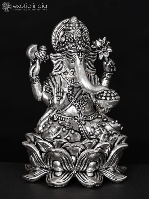 Small Superfine Blessing Lord Ganesha Seated on Lotus | Silver Plated Brass Statue | Multiple Sizes