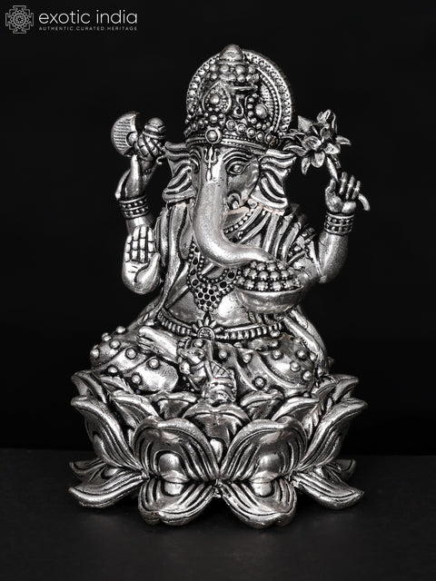 Small Superfine Blessing Lord Ganesha Seated on Lotus | Silver Plated Brass Statue | Multiple Sizes