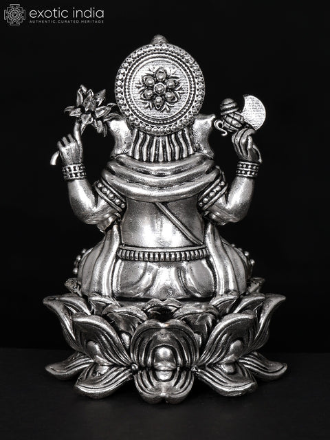 Small Superfine Blessing Lord Ganesha Seated on Lotus | Silver Plated Brass Statue | Multiple Sizes