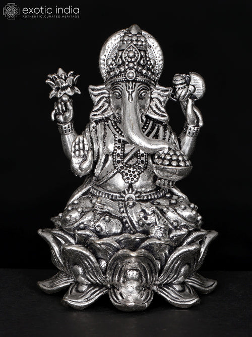 3" Silver Plated Brass Chaturbhuja Ganesha Statue on Lotus