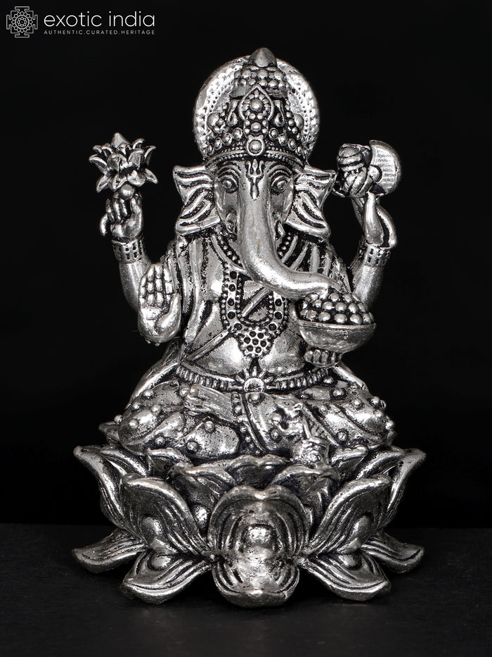 3" Silver Plated Brass Chaturbhuja Ganesha Statue on Lotus