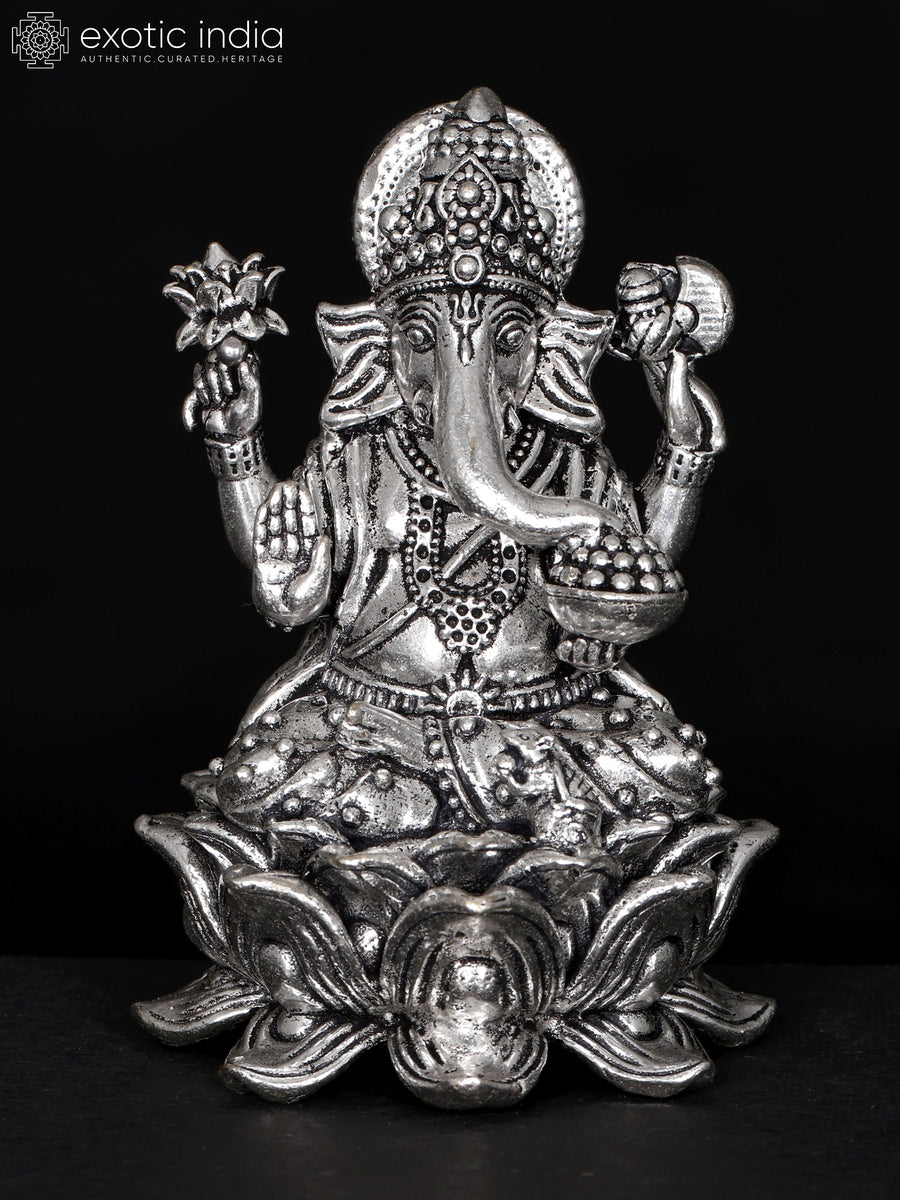3" Silver Plated Brass Chaturbhuja Ganesha Statue on Lotus
