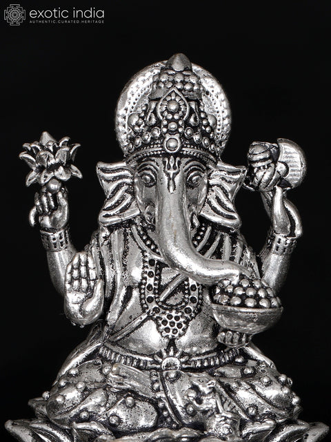 3" Small Superfine Chaturbhuja Lord Ganesha Seated on Lotus | Silver Plated Brass Statue