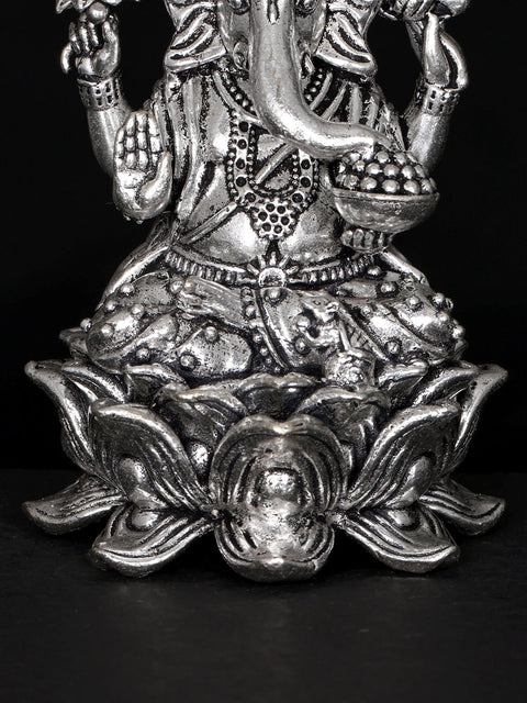 3" Small Superfine Chaturbhuja Lord Ganesha Seated on Lotus | Silver Plated Brass Statue