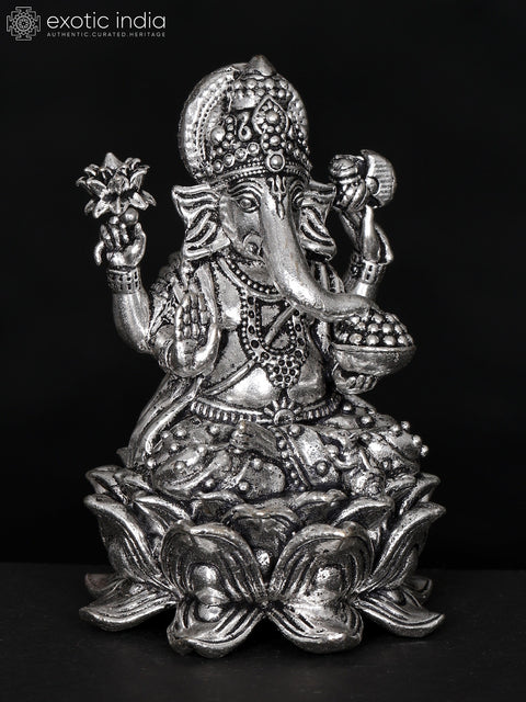 3" Small Superfine Chaturbhuja Lord Ganesha Seated on Lotus | Silver Plated Brass Statue