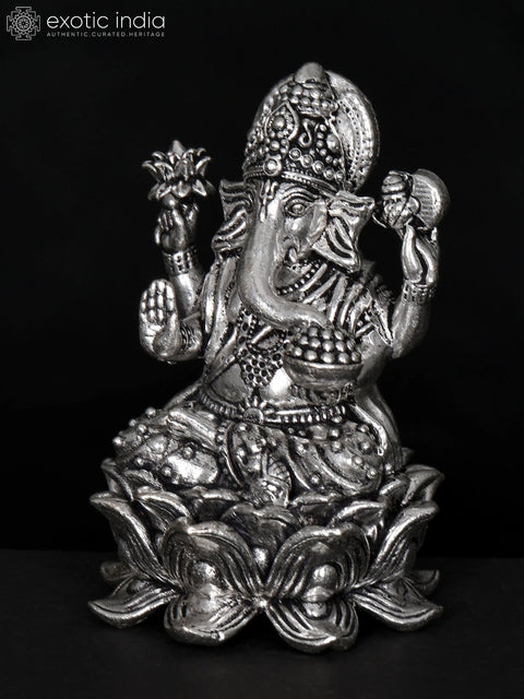3" Small Superfine Chaturbhuja Lord Ganesha Seated on Lotus | Silver Plated Brass Statue