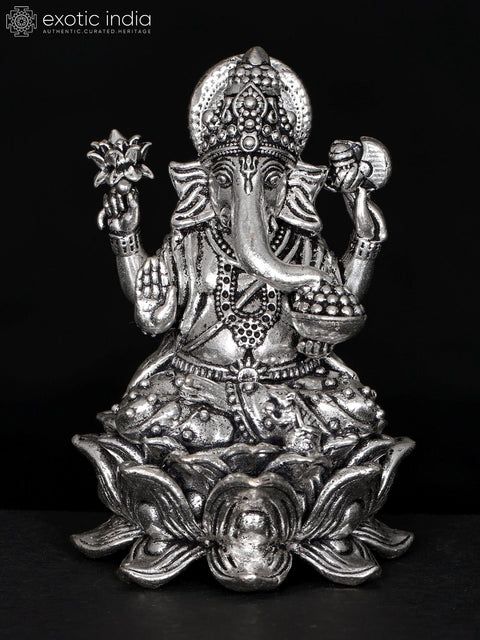 3" Small Superfine Chaturbhuja Lord Ganesha Seated on Lotus | Silver Plated Brass Statue