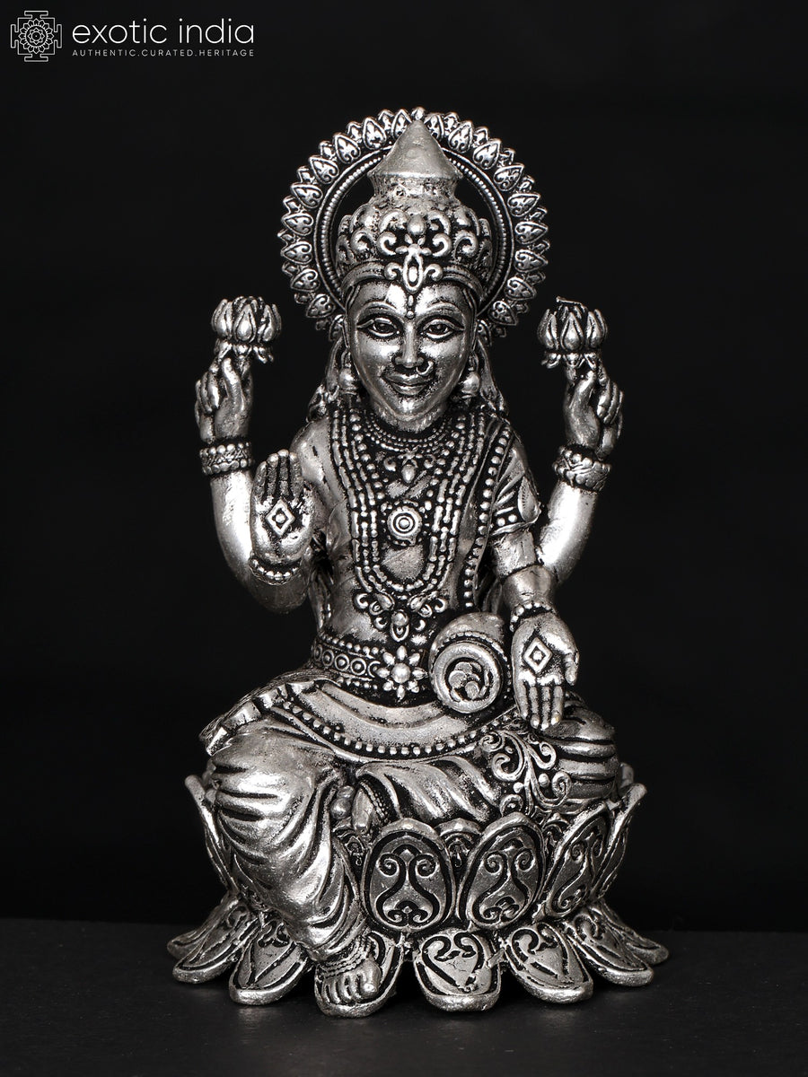 4" Silver Plated Brass Lakshmi Blessing Statue for Home Pooja