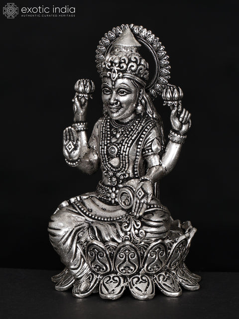 4" Small Superfine Blessing Goddess Lakshmi | Silver Plated Brass Statue
