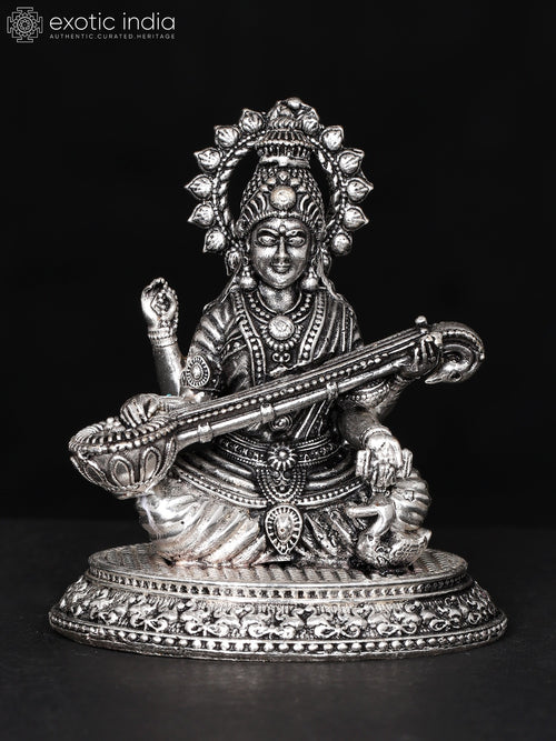 2" Silver Plated Brass Saraswati Veena Statue Handmade