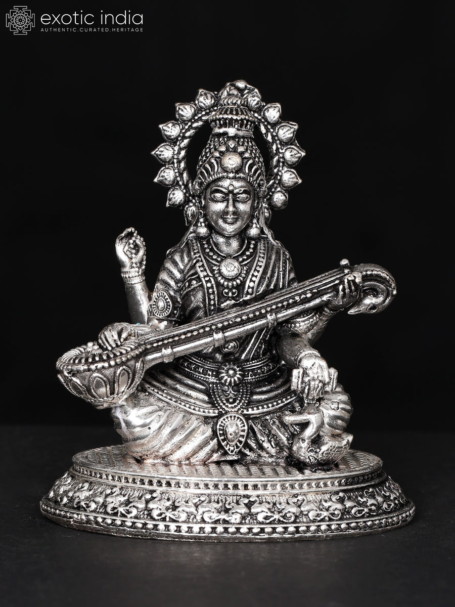 2" Silver Plated Brass Saraswati Veena Statue Handmade