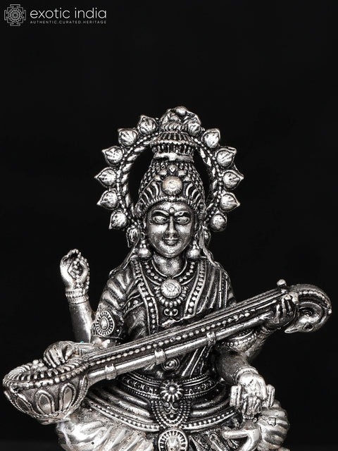 2" Small Superfine Devi Saraswati Playing Veena | Silver Plated Brass Statue