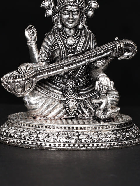 2" Small Superfine Devi Saraswati Playing Veena | Silver Plated Brass Statue