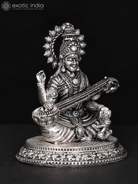 2" Small Superfine Devi Saraswati Playing Veena | Silver Plated Brass Statue