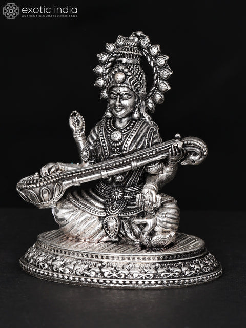2" Small Superfine Devi Saraswati Playing Veena | Silver Plated Brass Statue
