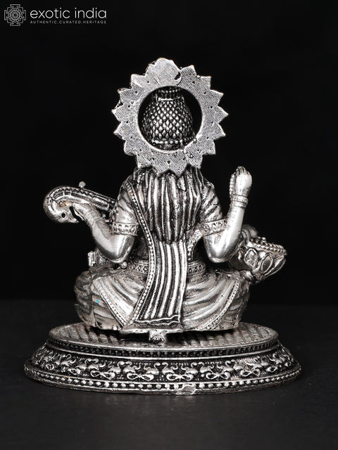 2" Small Superfine Devi Saraswati Playing Veena | Silver Plated Brass Statue