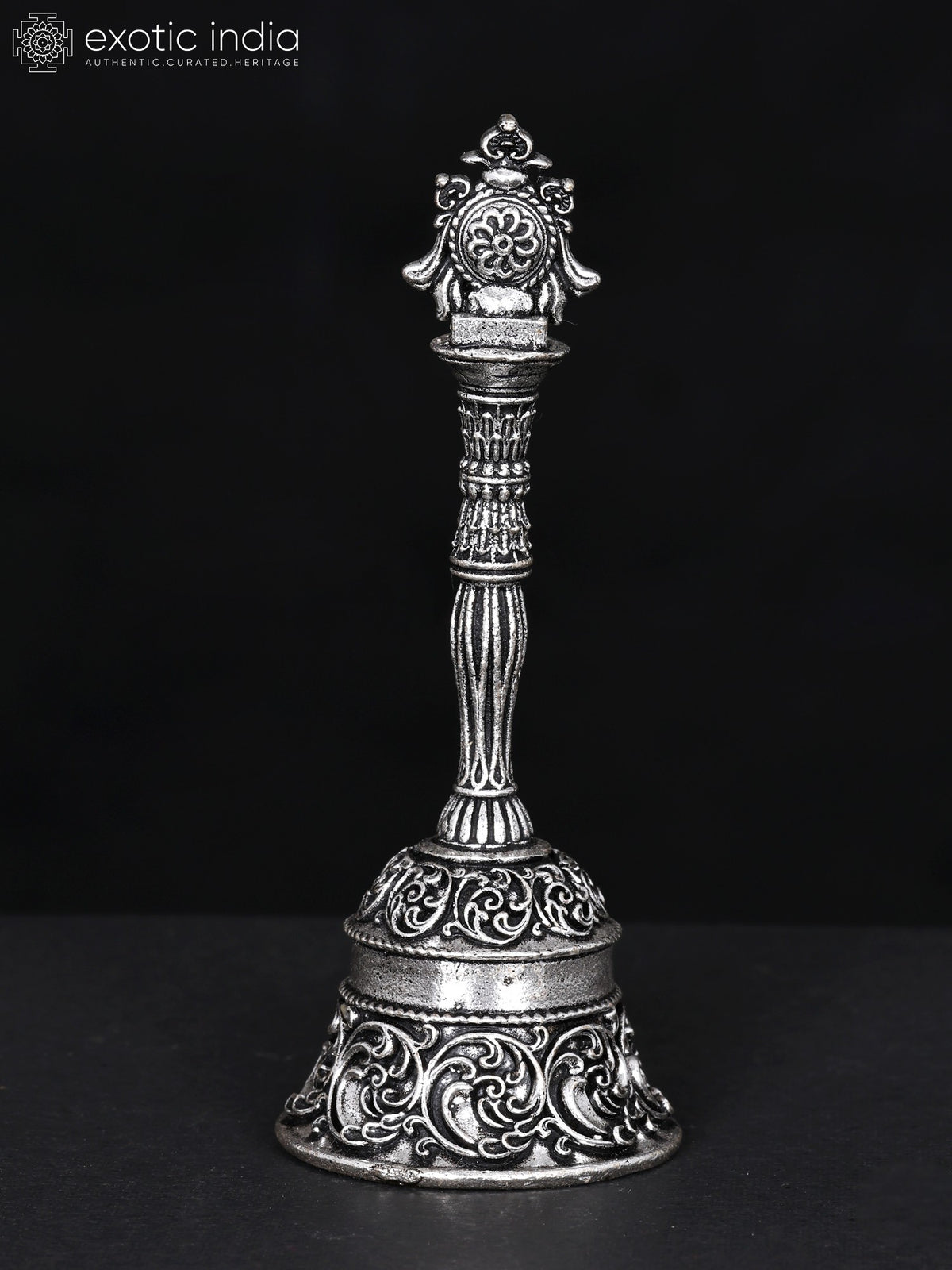 4" Brass Vaishnava Chakra Bell with Silver Plating for Pooja