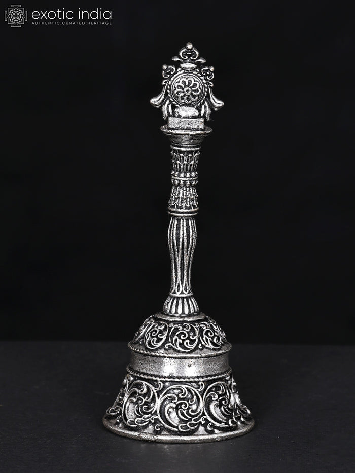 4" Brass Vaishnava Chakra Bell with Silver Plating for Pooja